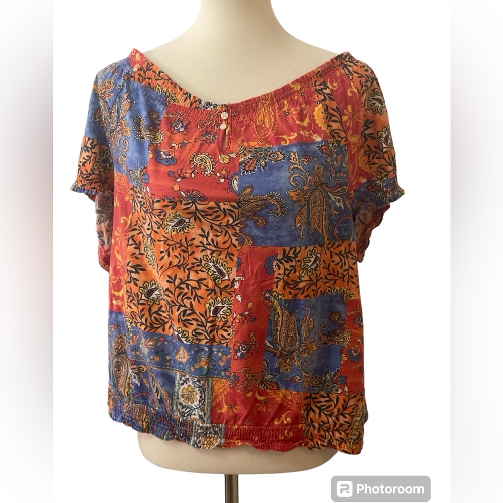 CHAPS Orange Blue Floral button front scoop neck relaxed fit blouse XL